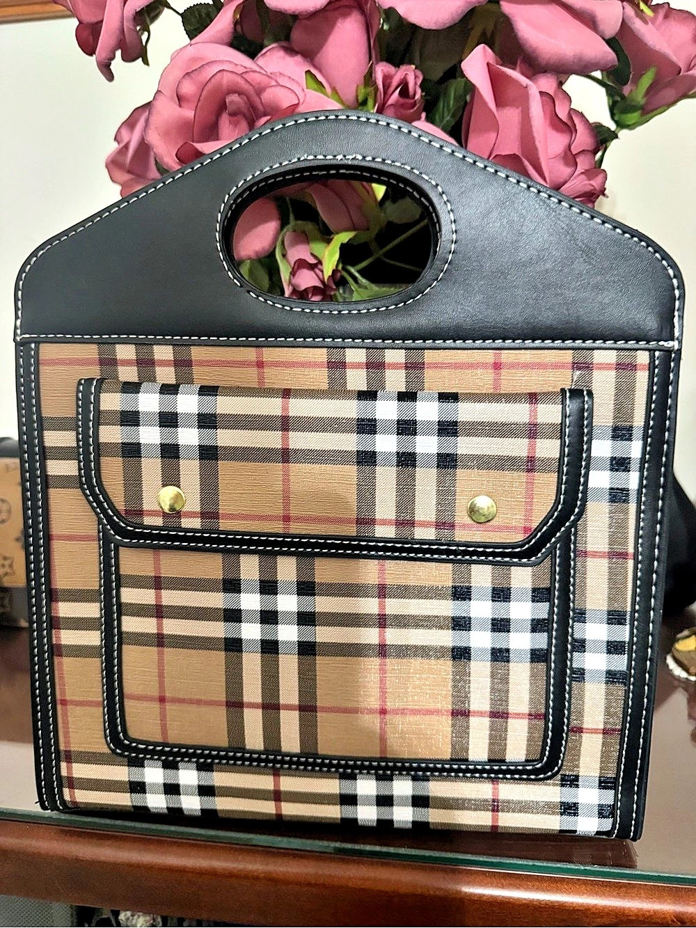 Plaid Tote in Tan & Black